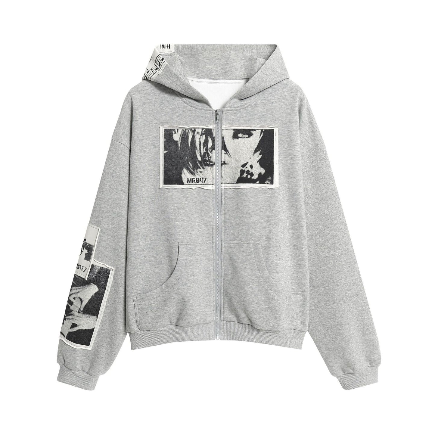 Retro Portrait Print Patch Hooded Zip-Up