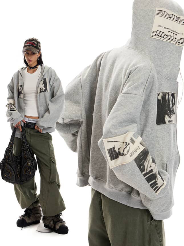 Retro Portrait Print Patch Hooded Zip-Up
