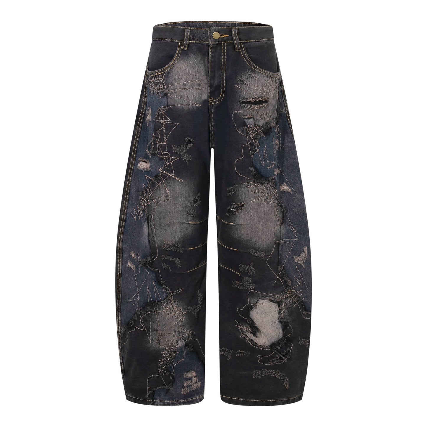 Heavy Industry Patch Washed Old Raw Edge Deconstructed Scimitar Jeans