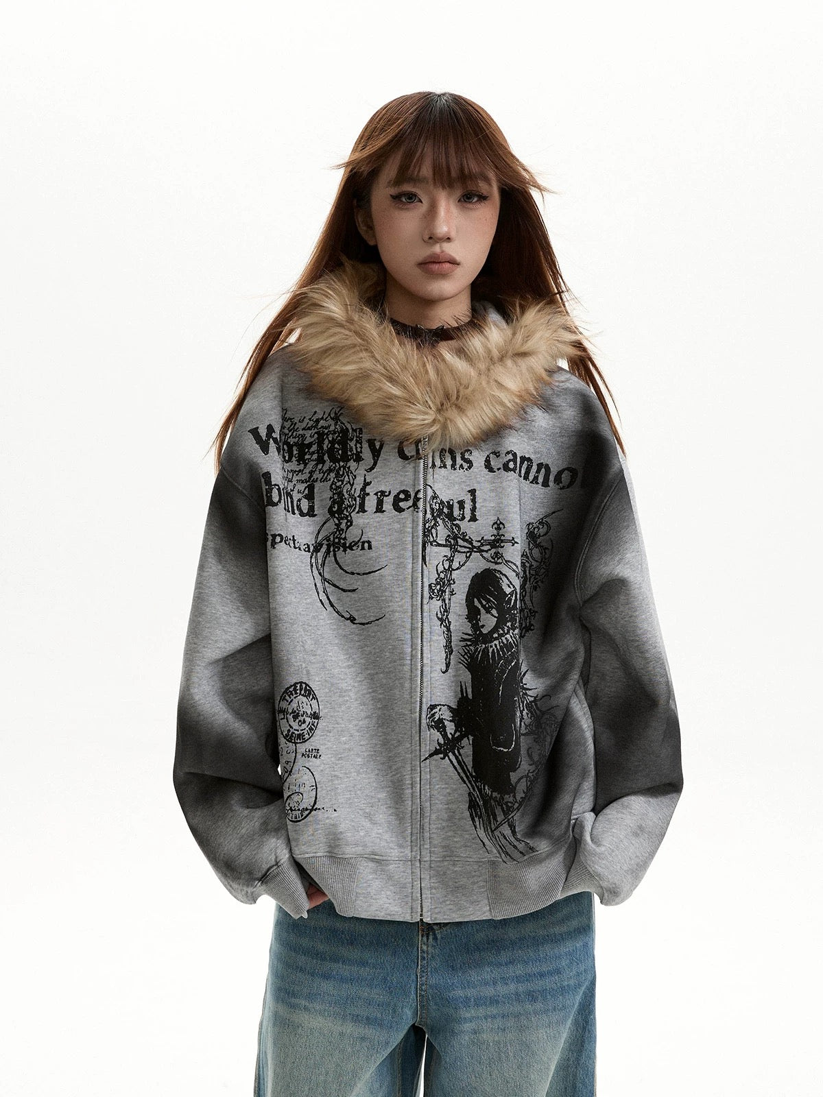 Retro Distressed Fur Collar Hooded Sweatshirt Zipper Jacket