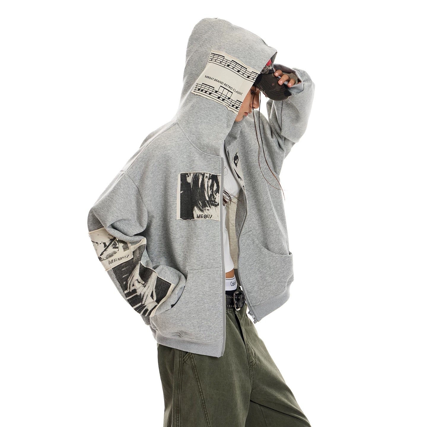 Retro Portrait Print Patch Hooded Zip-Up