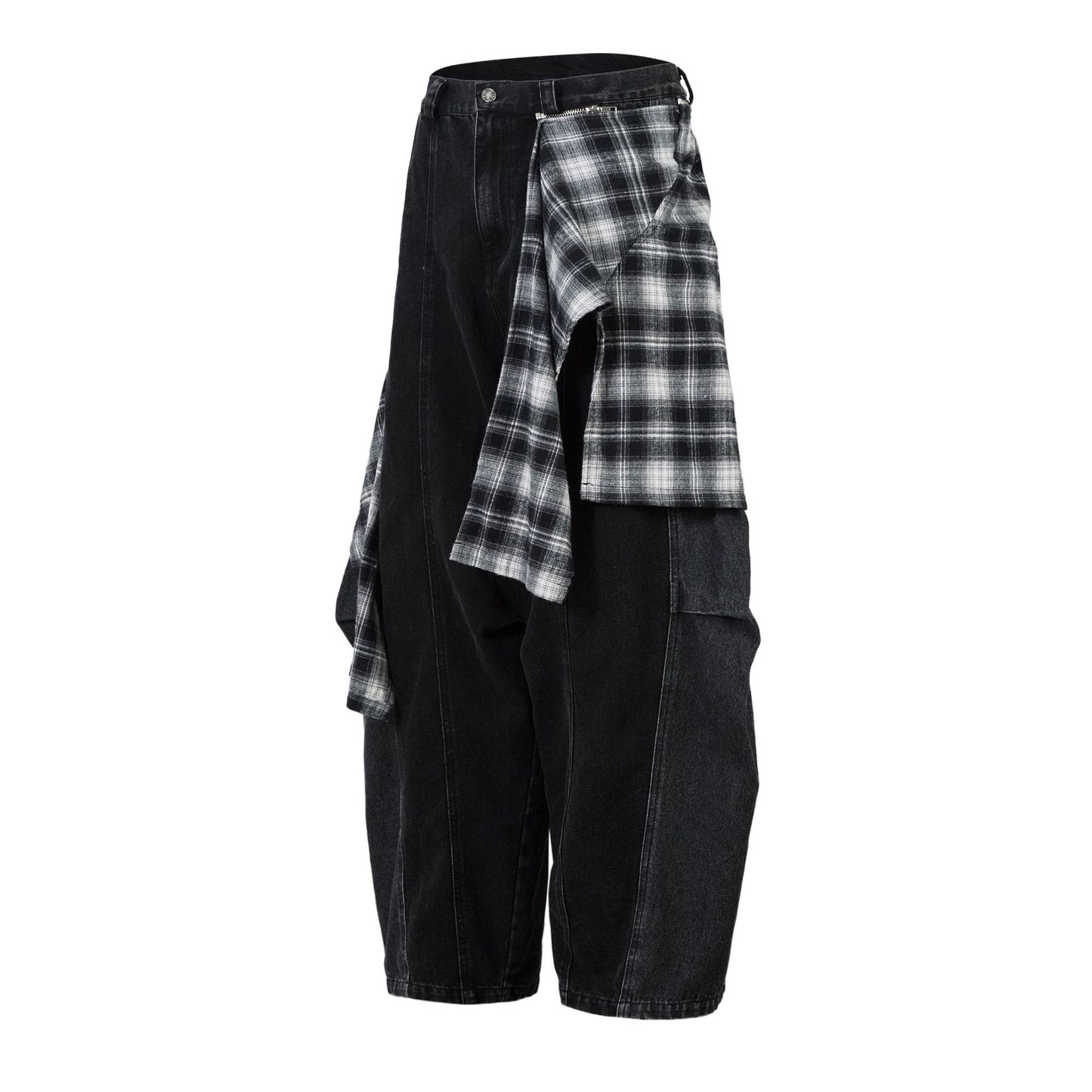 Retro Plaid Skirt Stitching Scimitar Jeans