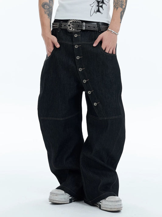 Diagonal Button Wide-Leg Jeans