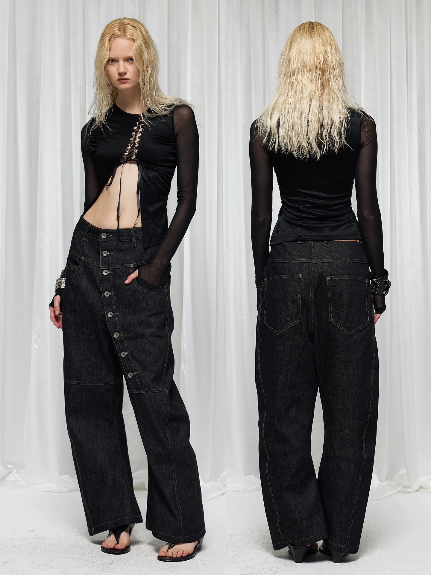 Diagonal Button Wide-Leg Jeans