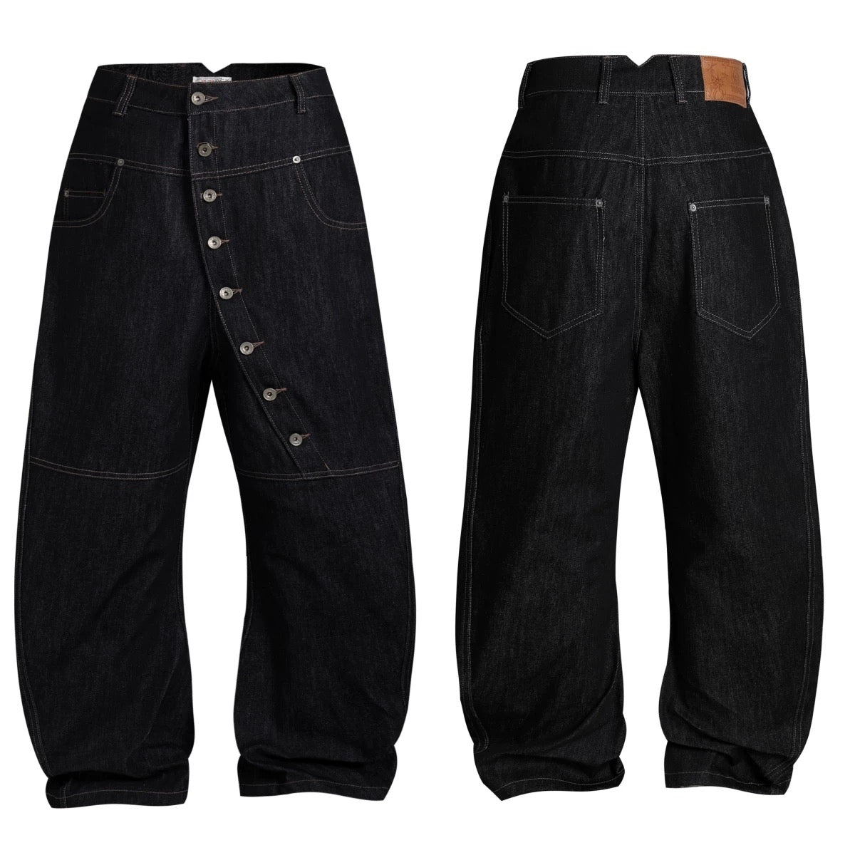 Diagonal Button Wide-Leg Jeans