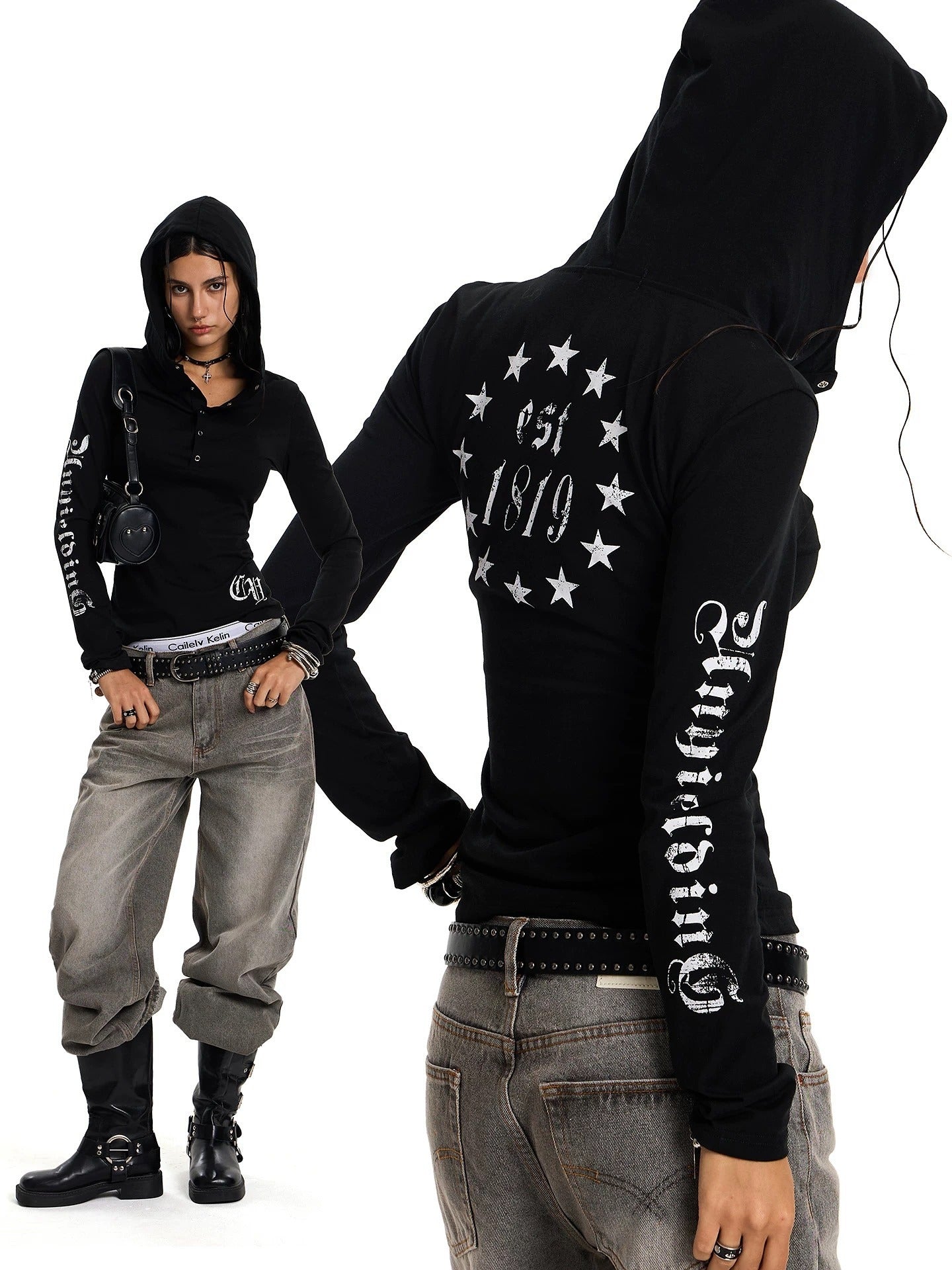 Letter Print Hooded Long-Sleeved