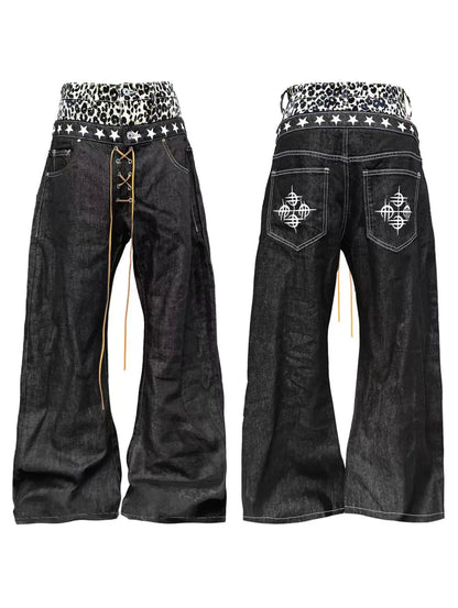 "Leopard Print" Original Niche Double Waist Raw Denim
