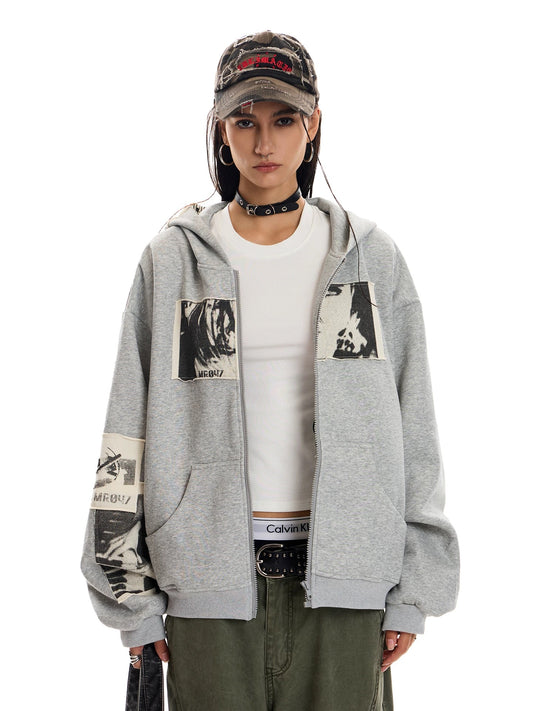 Retro Portrait Print Patch Hooded Zip-Up