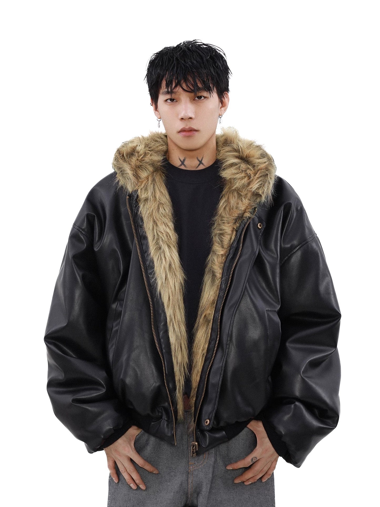 Reversible Fur Hooded Leather Jacket