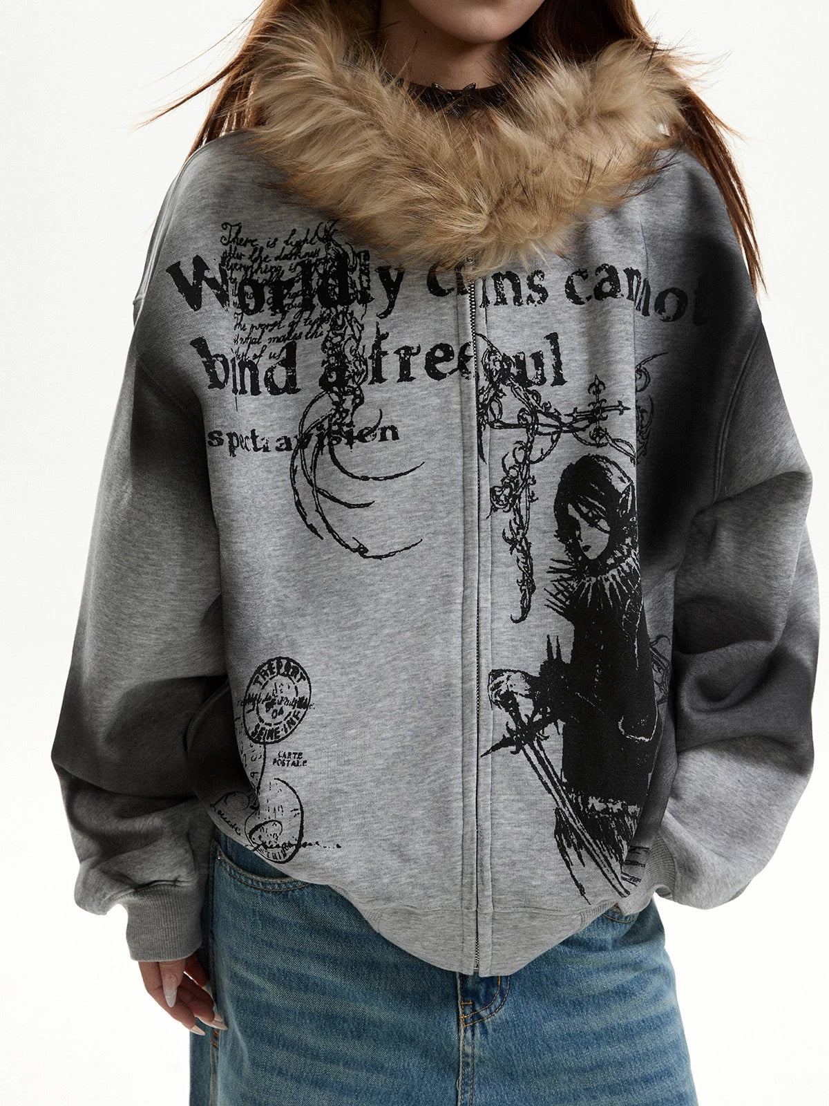 Retro Distressed Fur Collar Hooded Sweatshirt Zipper Jacket