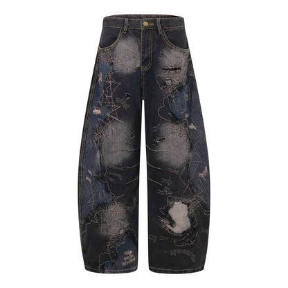 Heavy Industry Patch Washed Old Raw Edge Deconstructed Scimitar Jeans