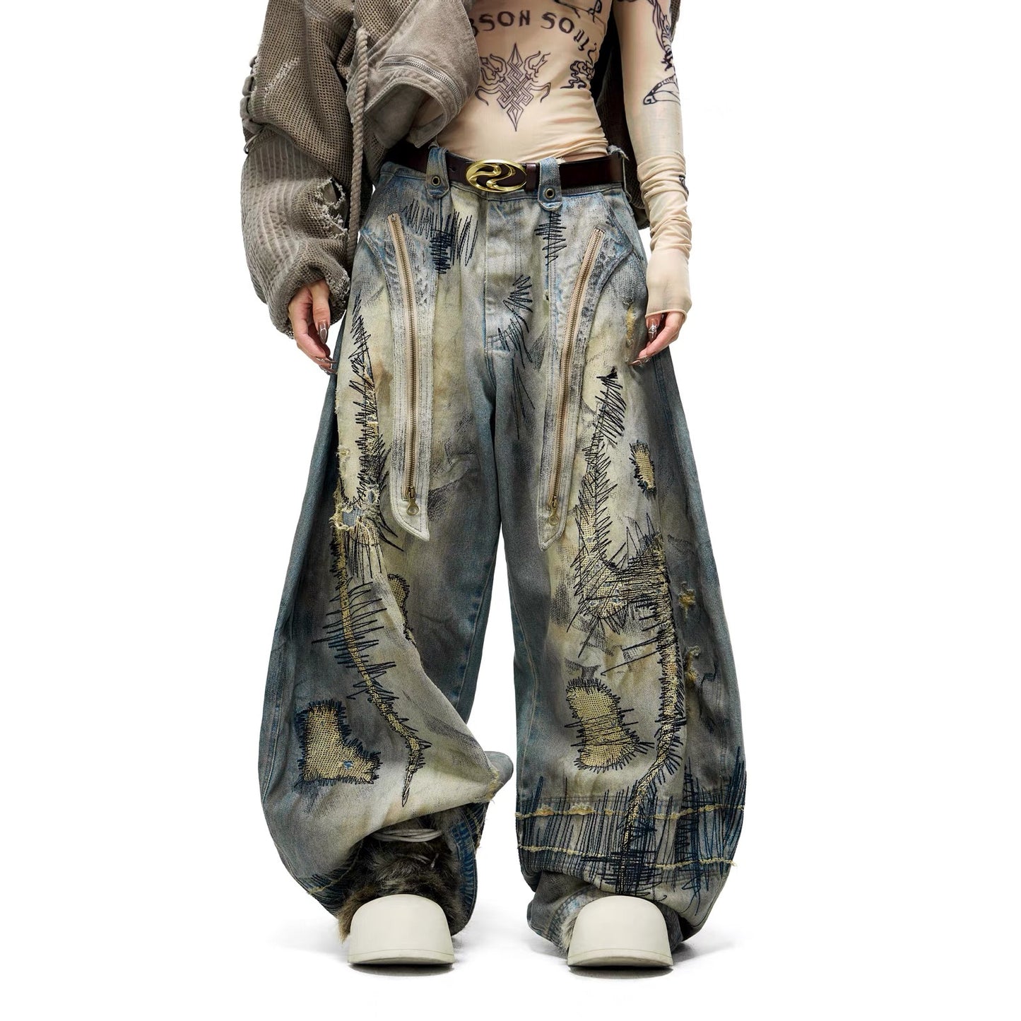 PERSONSOUL STAIN EMBROIDERY SCIMITAR JEANS