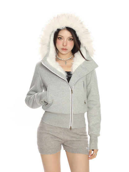 Slanted Collar and Plush Fur Collar Hoodie