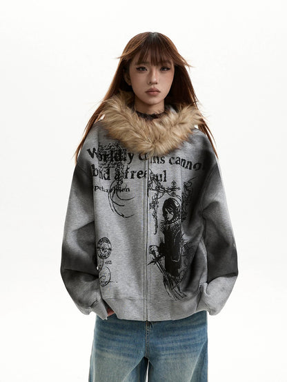 Retro Distressed Fur Collar Hooded Sweatshirt Zipper Jacket