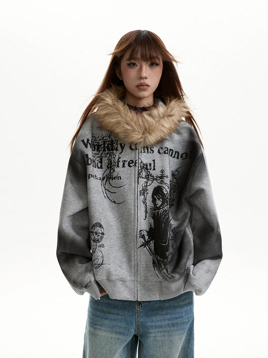 Retro Distressed Fur Collar Hooded Sweatshirt Zipper Jacket