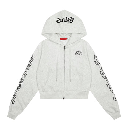 Gothic Letter Print Hooded Zip-Up