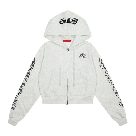 Gothic Letter Print Hooded Zip-Up
