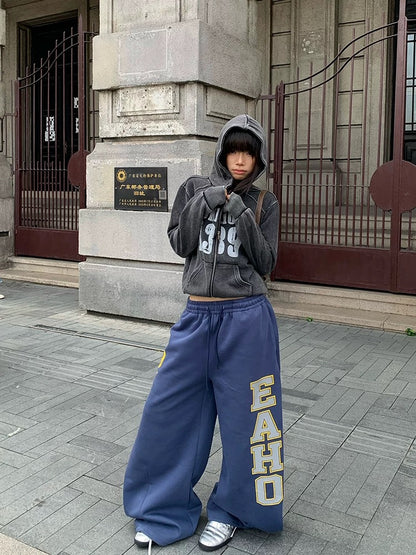 EAHO Letter Logo Print Drawstring Wide-Leg Sweatpants