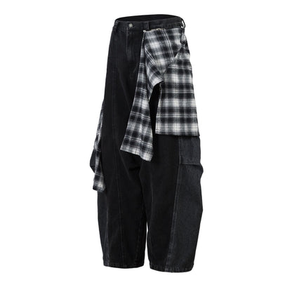Retro Plaid Skirt Stitching Scimitar Jeans