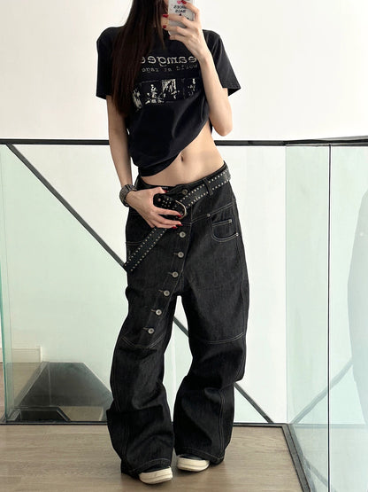 Diagonal Button Wide-Leg Jeans