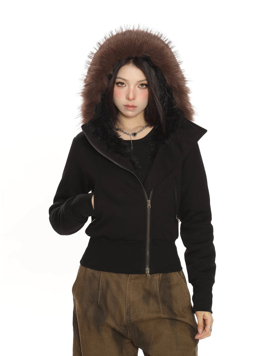 Slanted Collar and Plush Fur Collar Hoodie