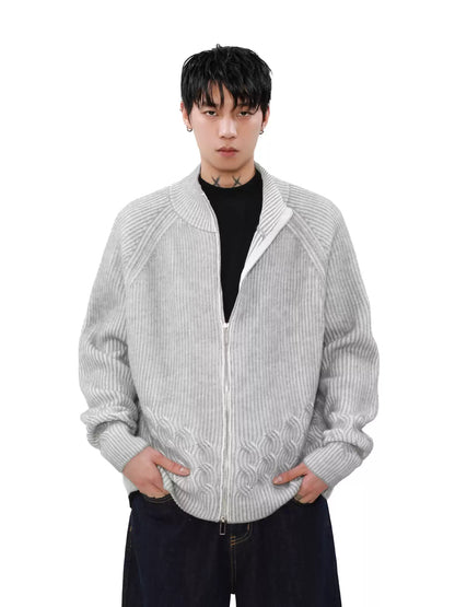 Woolen Twisted Sweater Half Turtleneck Double Zipper